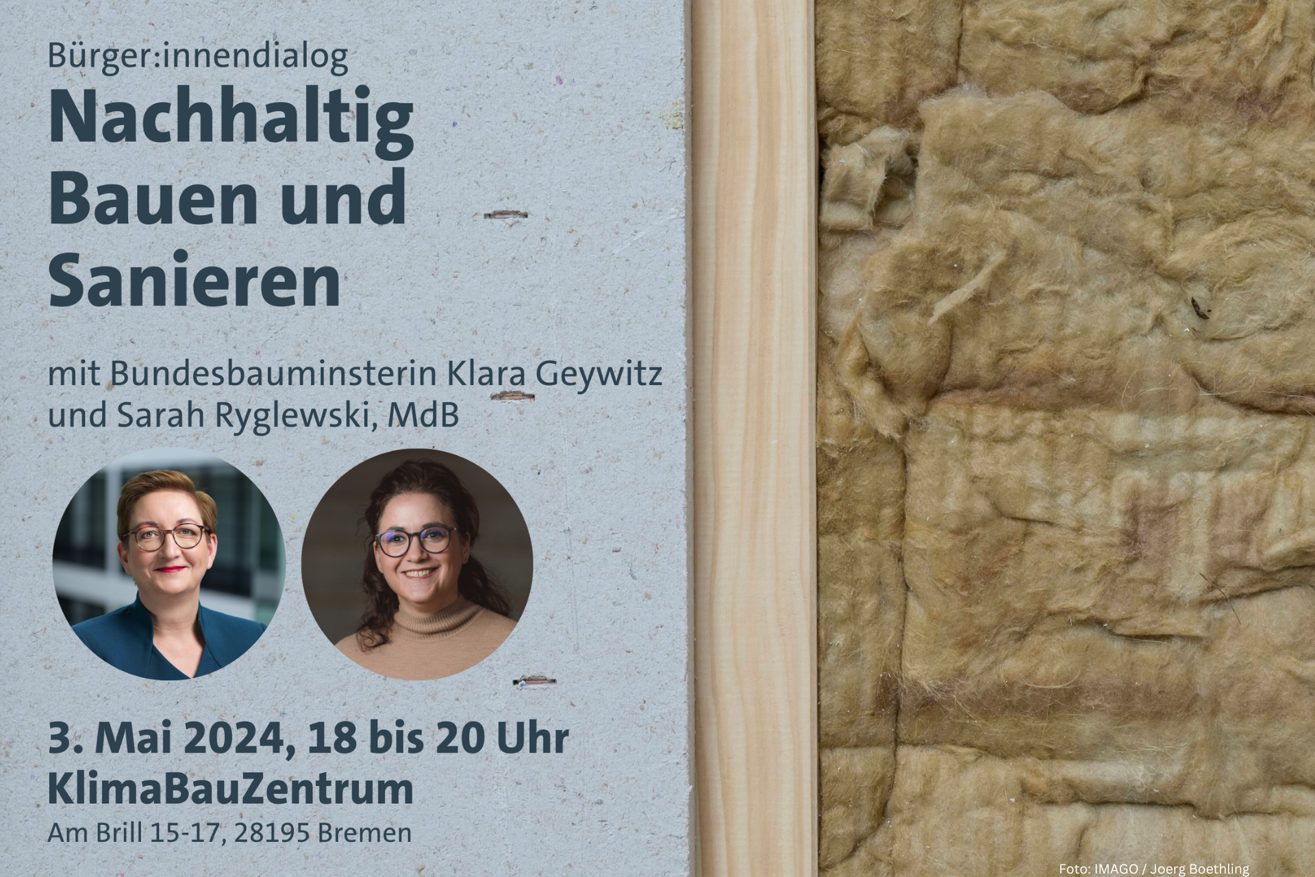 Bürger:innen-Dialog zum Thema „Nachhaltig Bauen und Sanieren“ mit Bundesministerin Geywitz am 3. Mai im KlimaBauZentrum in Bremen
